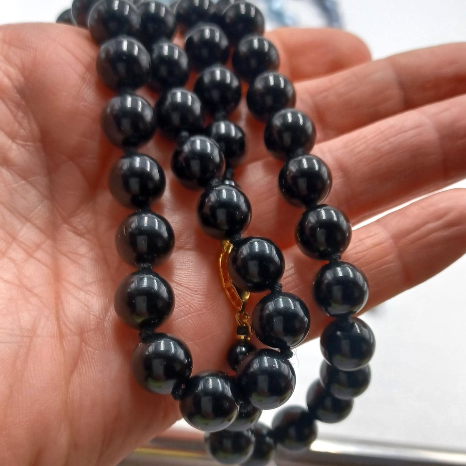 Heavy Black Knotted Stone Beads Vintage Necklace, Japan Necklace, Heavy