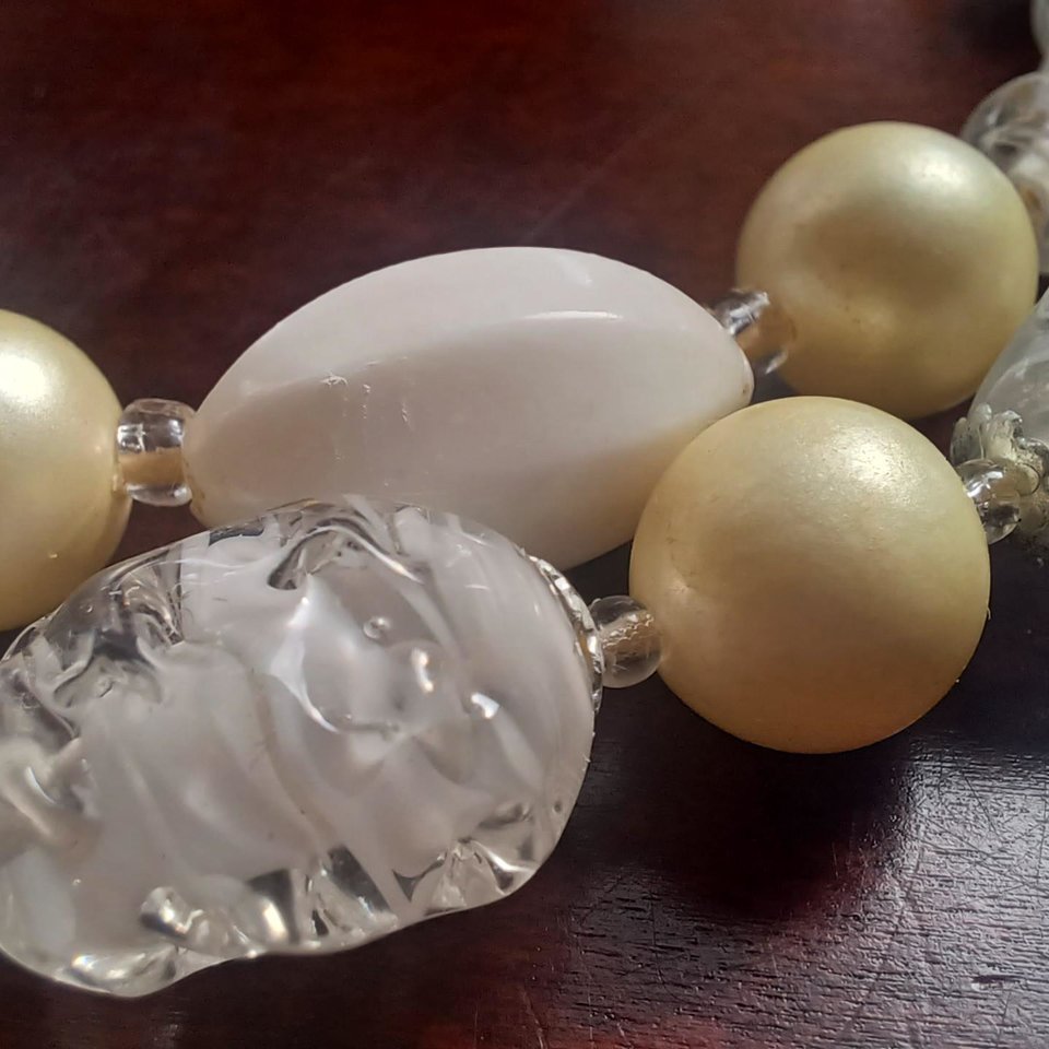 Vintage Matte White and Glass Beaded Multi Strand Choker Necklace and Clip-on Earrings Set