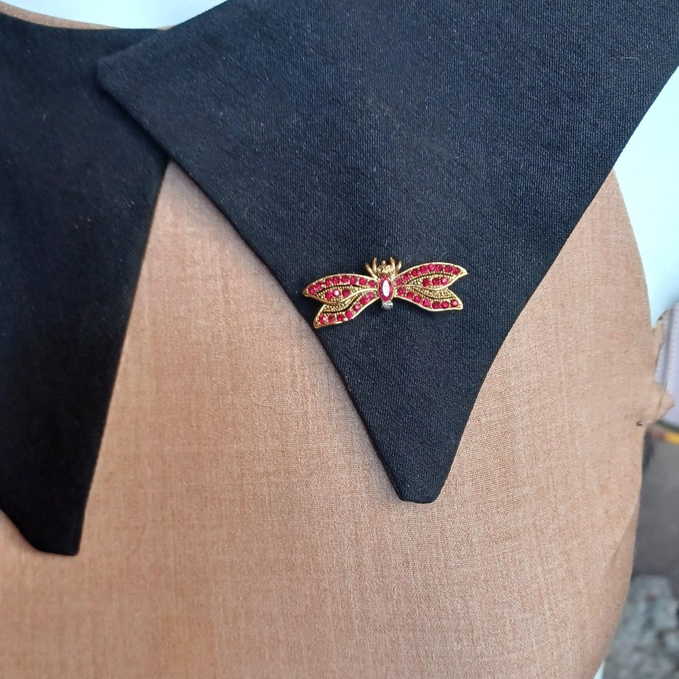 Vintage Gold Tone with Deep Red Rhinestones Winged Insect Brooch, Mid Century Brooch, Stamped Made in the USA