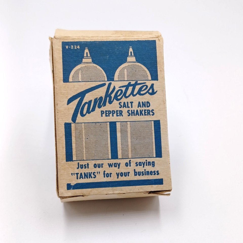 Vintage Tankettes Salt and Pepper Shakers, Promotional Item, In original Box New Unused