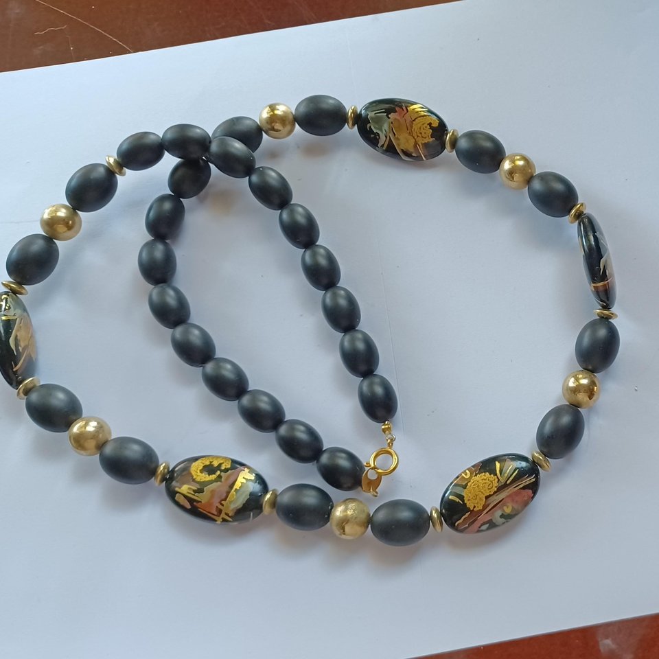 Asian Hand Painted Black Beads Long Necklace