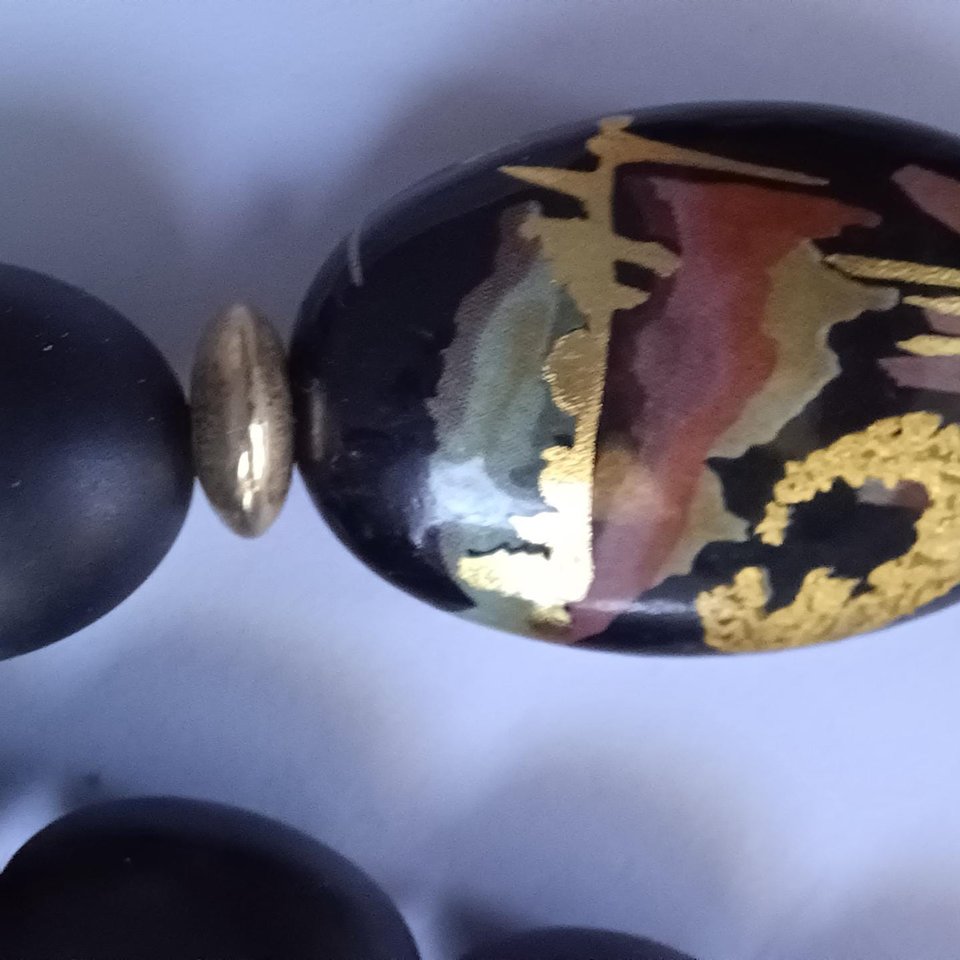 Asian Hand Painted Black Beads Long Necklace