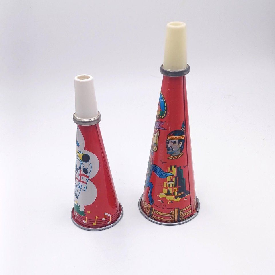 Pair of  1950's Tin Toy Litho Noise Maker Birthday Party Horns