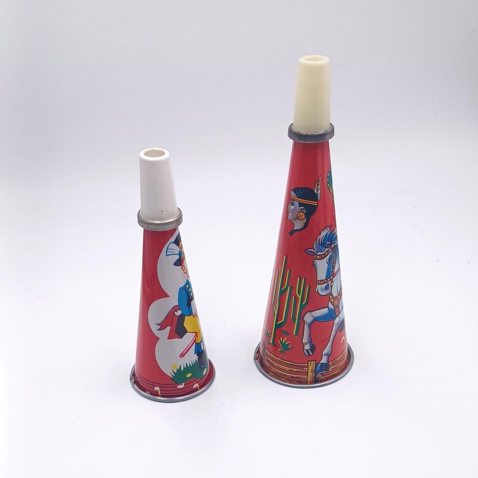 Pair of  1950's Tin Toy Litho Noise Maker Birthday Party Horns