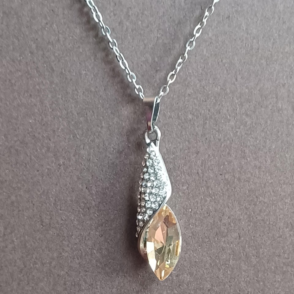 Silver Tone Large Champagne Navette and Pave Rhinestones Pendant, Chain and Matching Dangle Earrings