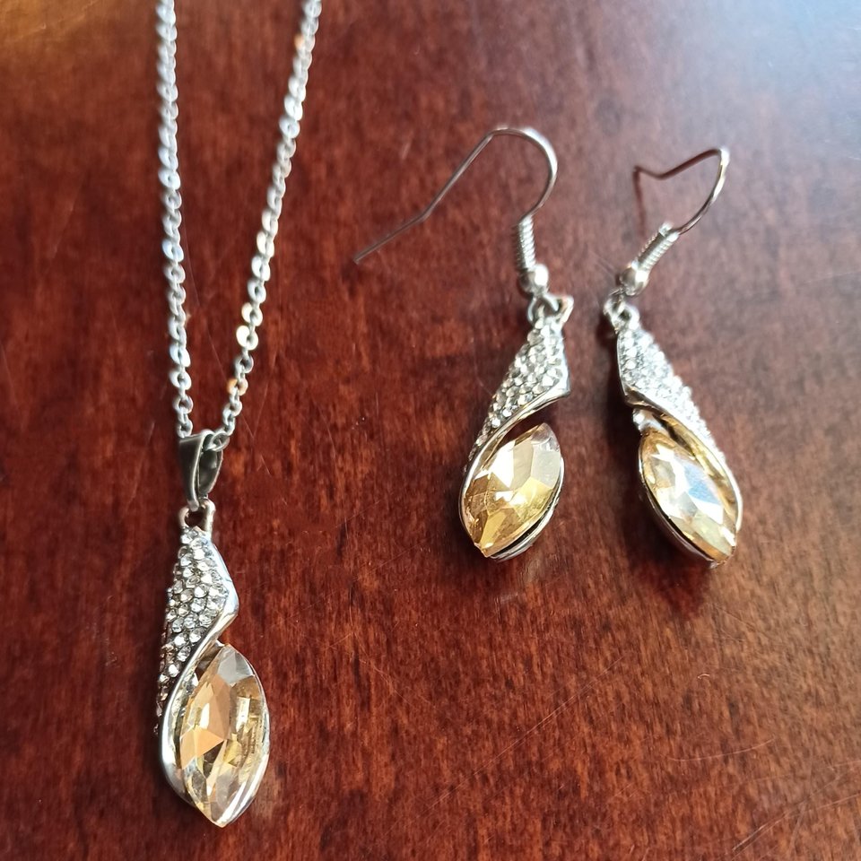 Silver Tone Large Champagne Navette and Pave Rhinestones Pendant, Chain and Matching Dangle Earrings
