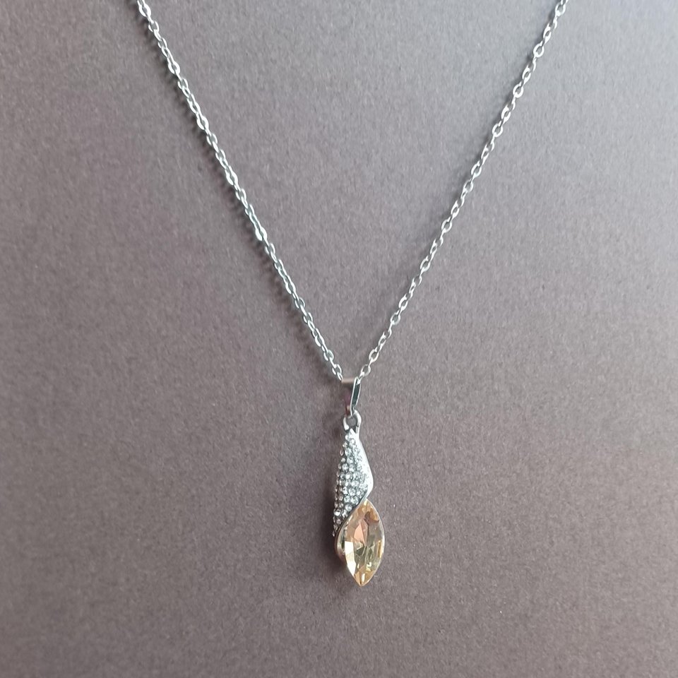 Silver Tone Large Champagne Navette and Pave Rhinestones Pendant, Chain and Matching Dangle Earrings