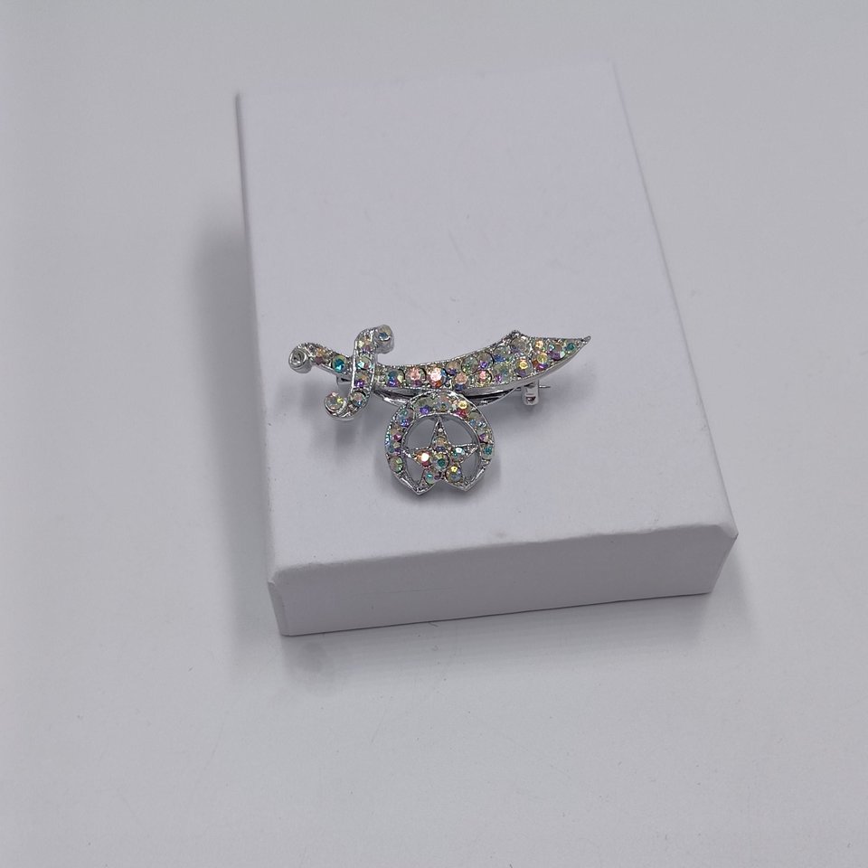 Shriner Masonic Scimitar Crescent & Star Over 30 AB Rhinestones Silver Tone Pin