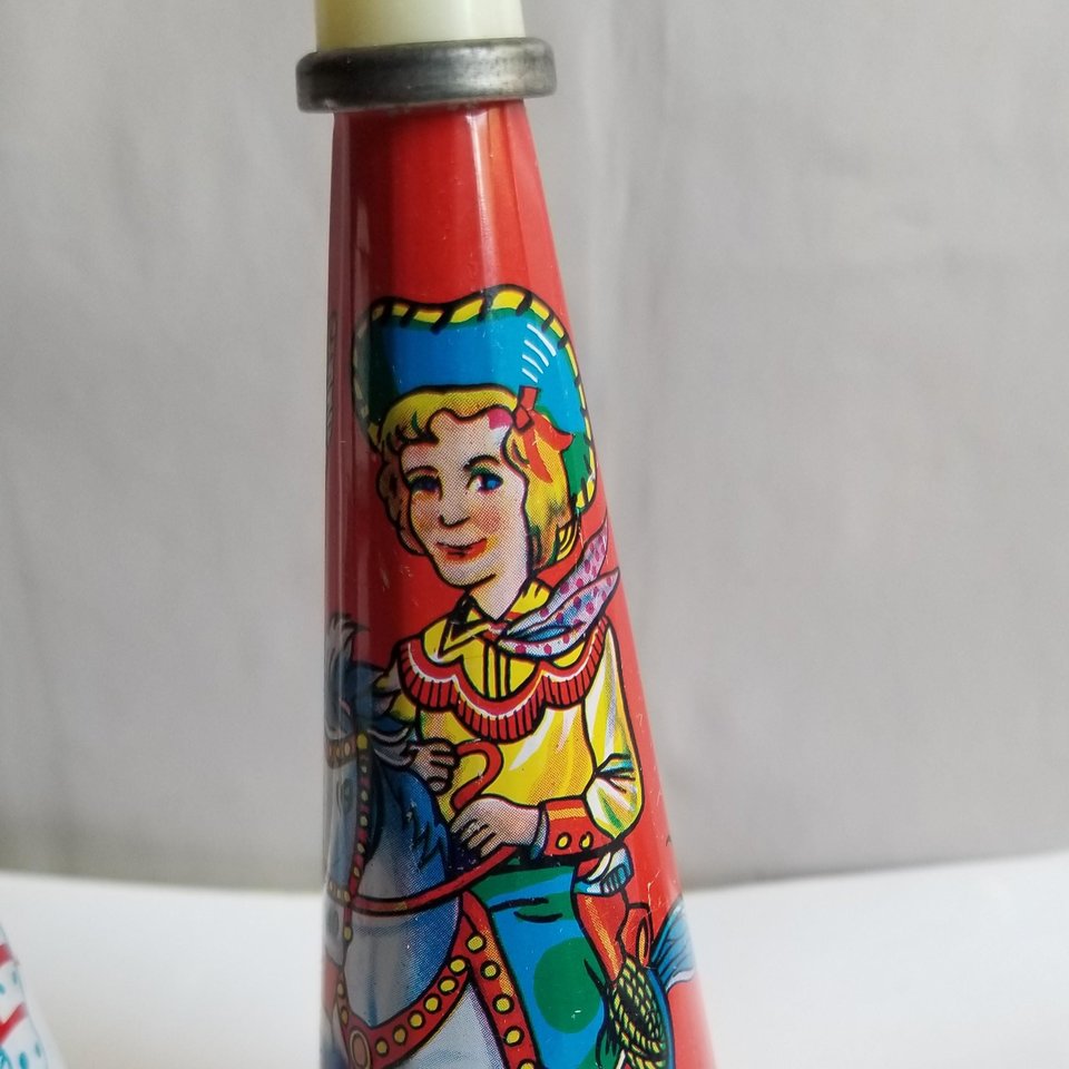 Pair of  1950's Tin Toy Litho Noise Maker Birthday Party Horns