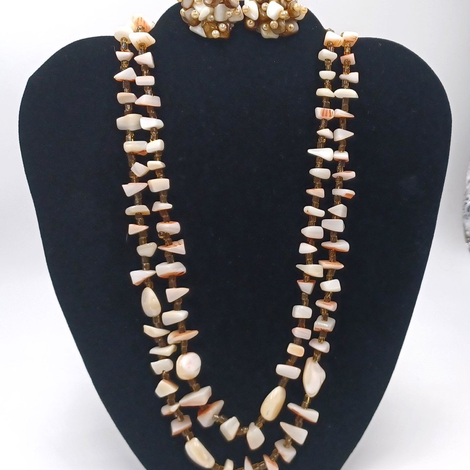 Vintage Multi-strand Mother Of Pearl  and Shell Beaded Necklace and Clip-on Earrings Jewelry Set