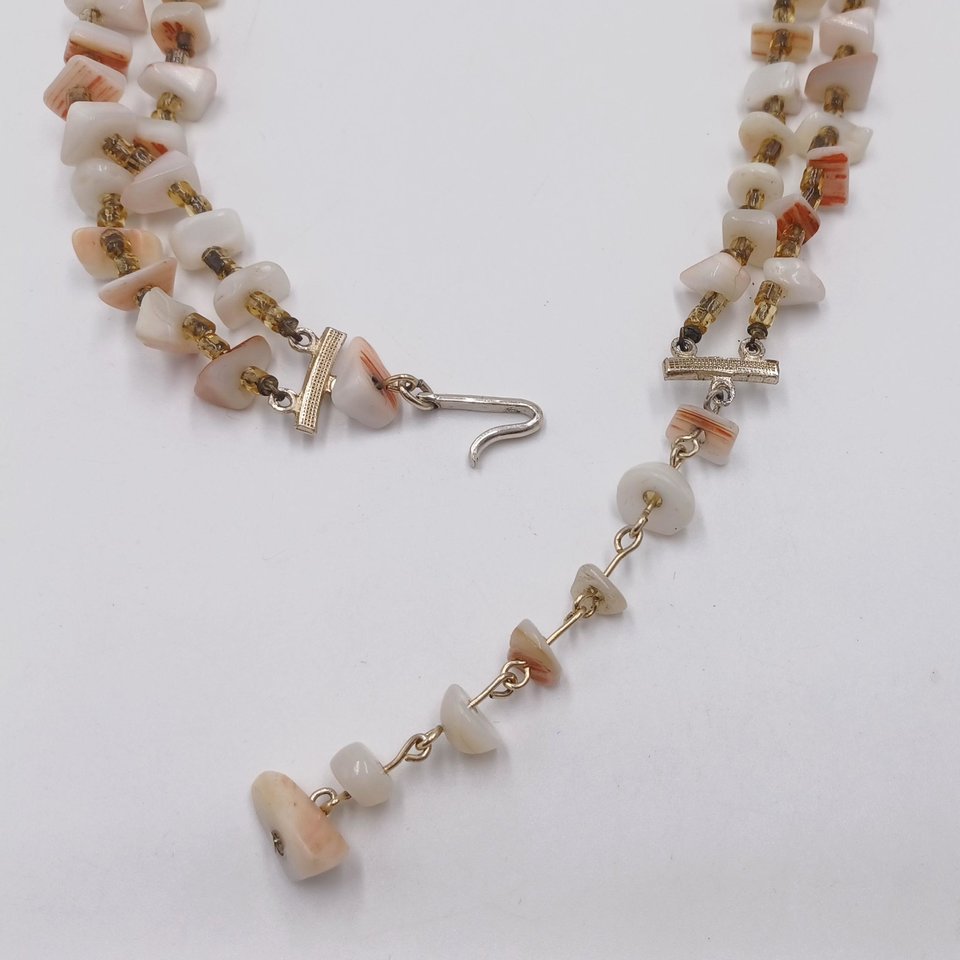 Vintage Multi-strand Mother Of Pearl  and Shell Beaded Necklace and Clip-on Earrings Jewelry Set
