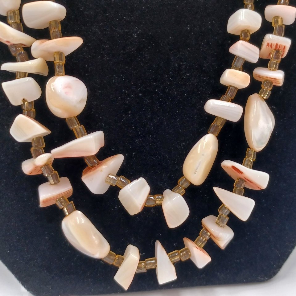 Vintage Multi-strand Mother Of Pearl  and Shell Beaded Necklace and Clip-on Earrings Jewelry Set