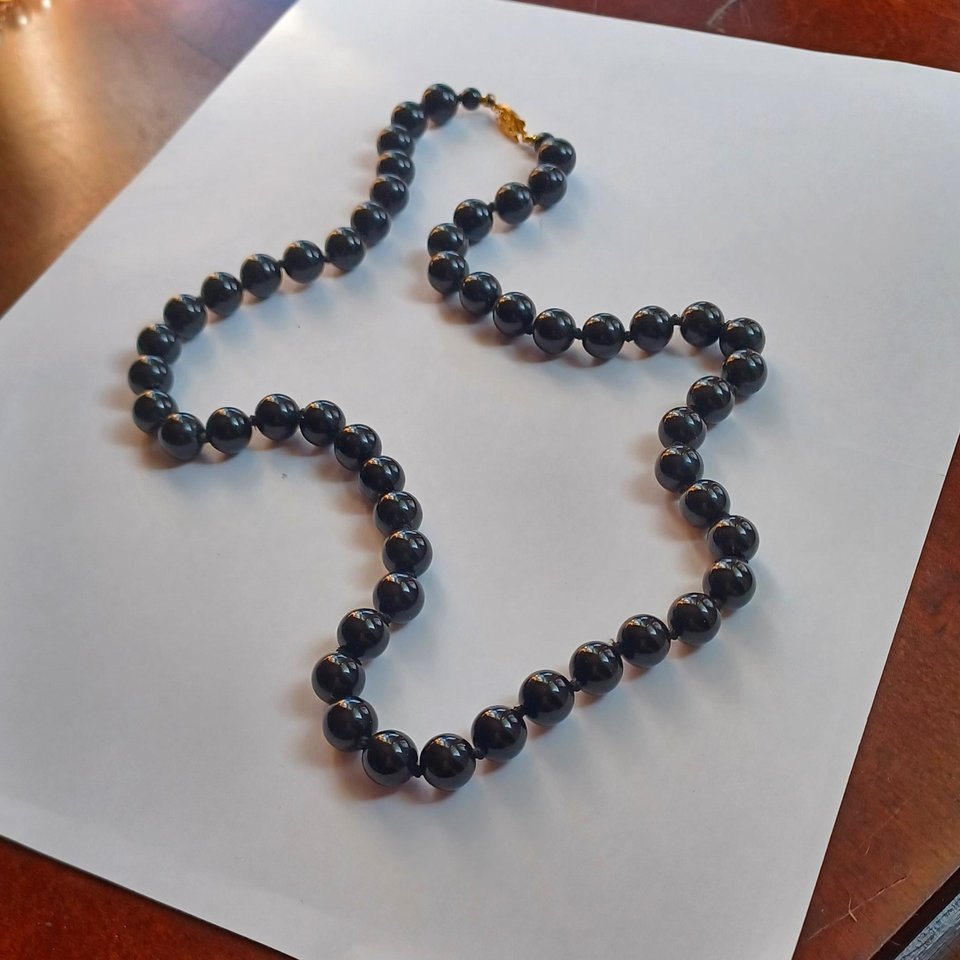 Heavy Black Knotted Stone Beads Vintage Necklace, Japan Necklace, Heavy