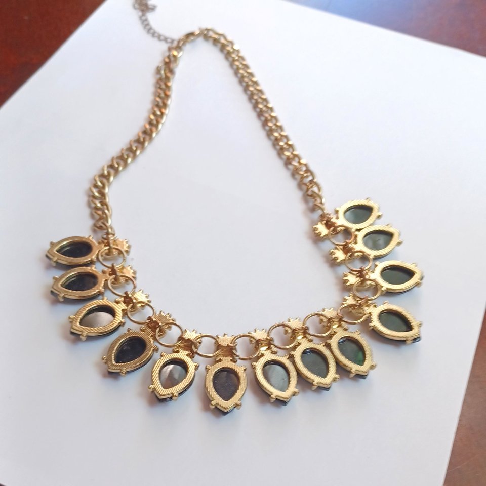 Gold Tone with Faceted Black and Yellow Cabochons Statement Necklace