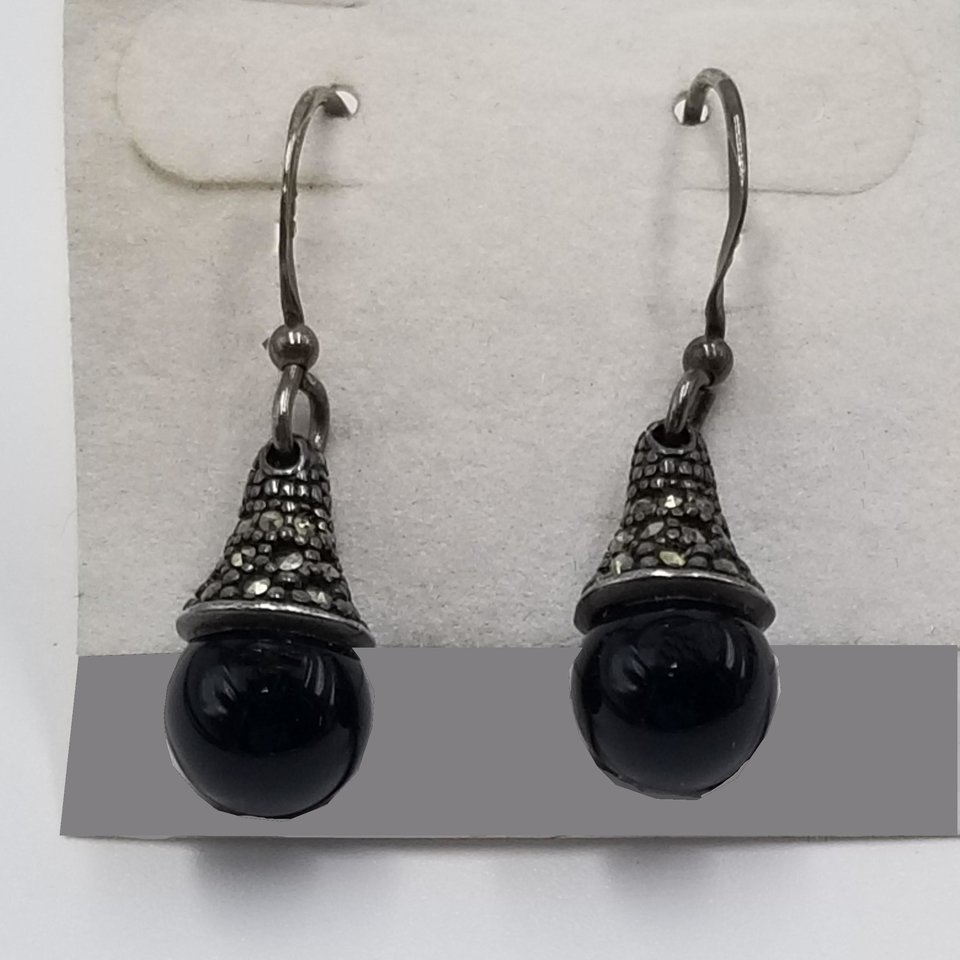 Art Deco Sterling Silver, Black Onyx and Marcasite Dangle Drop Pierced Earrings