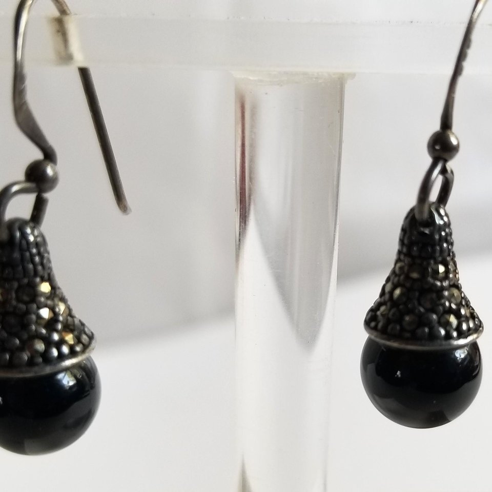 Art Deco Sterling Silver, Black Onyx and Marcasite Dangle Drop Pierced Earrings