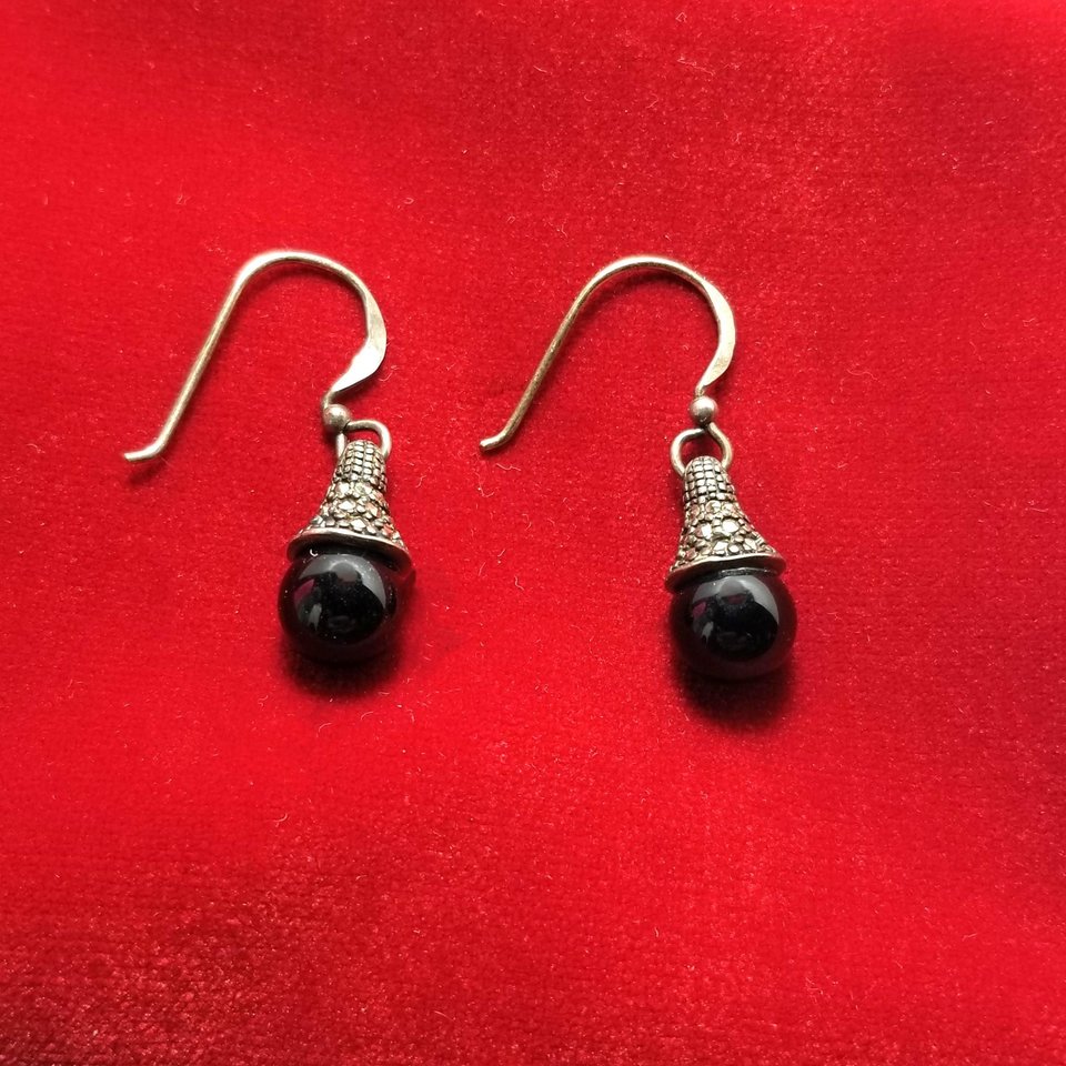 Art Deco Sterling Silver, Black Onyx and Marcasite Dangle Drop Pierced Earrings