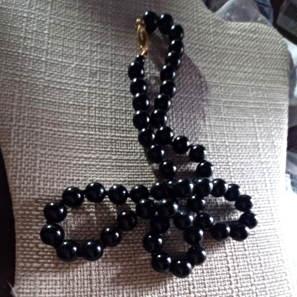 Heavy Black Knotted Stone Beads Vintage Necklace, Japan Necklace, Heavy