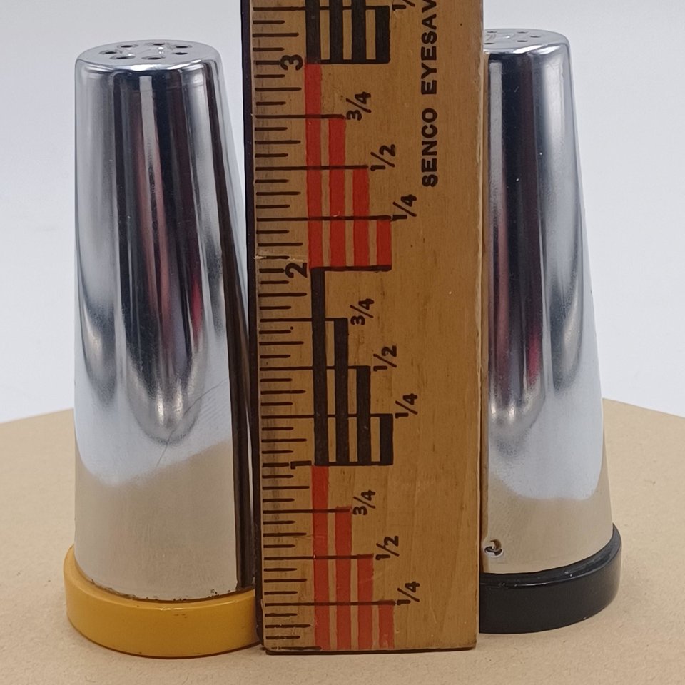 Vintage Mid Century Modernist Chrome Taper Salt and Pepper Shakers