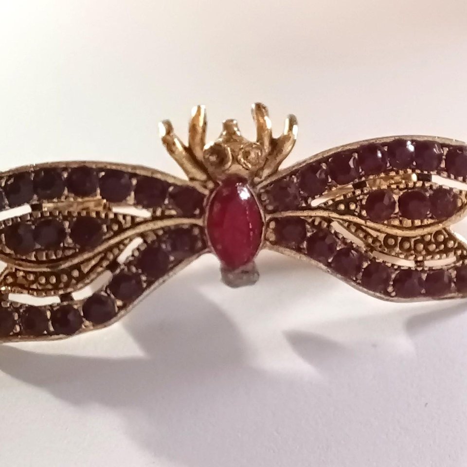 Vintage Gold Tone with Deep Red Rhinestones Winged Insect Brooch, Mid Century Brooch, Stamped Made in the USA