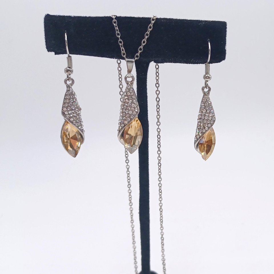 Silver Tone Large Champagne Navette and Pave Rhinestones Pendant, Chain and Matching Dangle Earrings