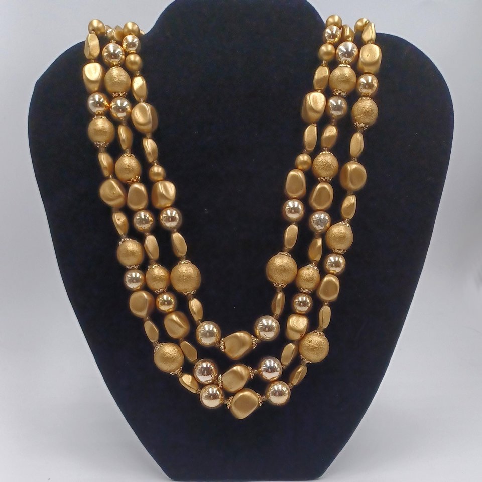Vintage Three Strand Gold Tone Mid Century Beaded Necklace, Japan