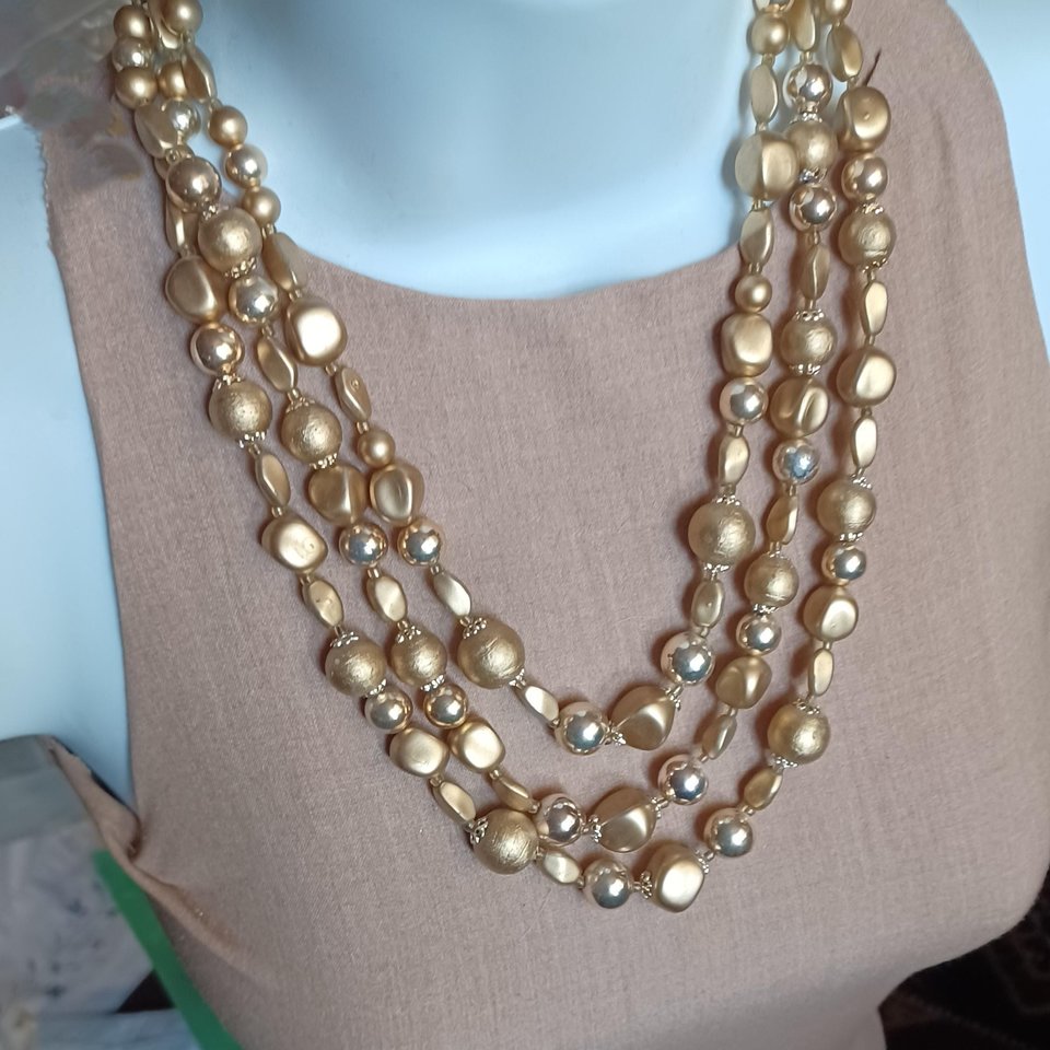 Vintage Three Strand Gold Tone Mid Century Beaded Necklace, Japan