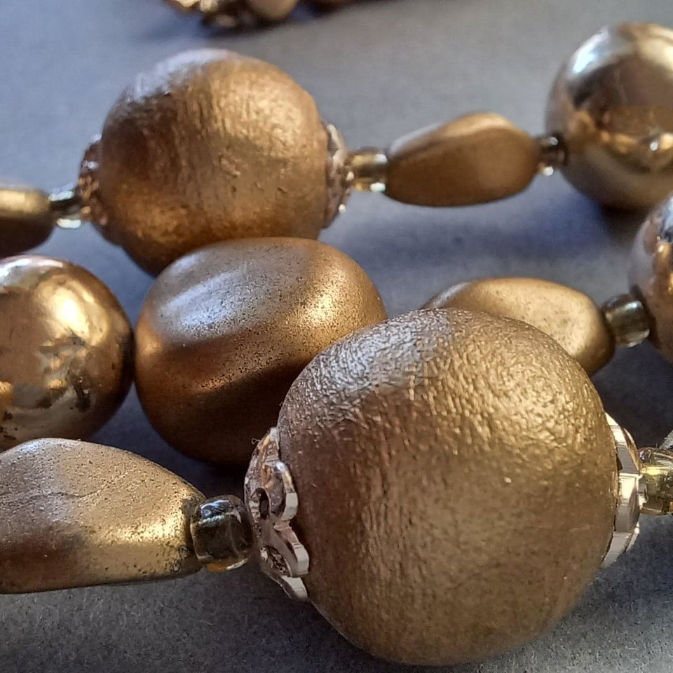 Vintage Three Strand Gold Tone Mid Century Beaded Necklace, Japan