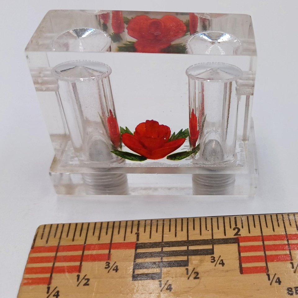 Vintage Lucite Salt and Pepper Single Unit with Encased Rose in the Center