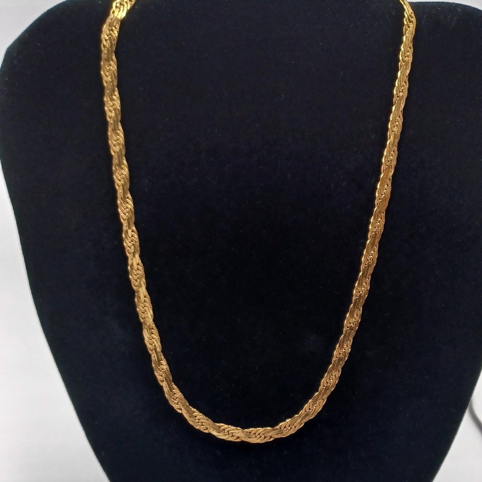 Vintage Shiny Gold Tone Flat Rope 6mm Chain Necklace, Mid Century, Vintage Jewelry, Work Necklace