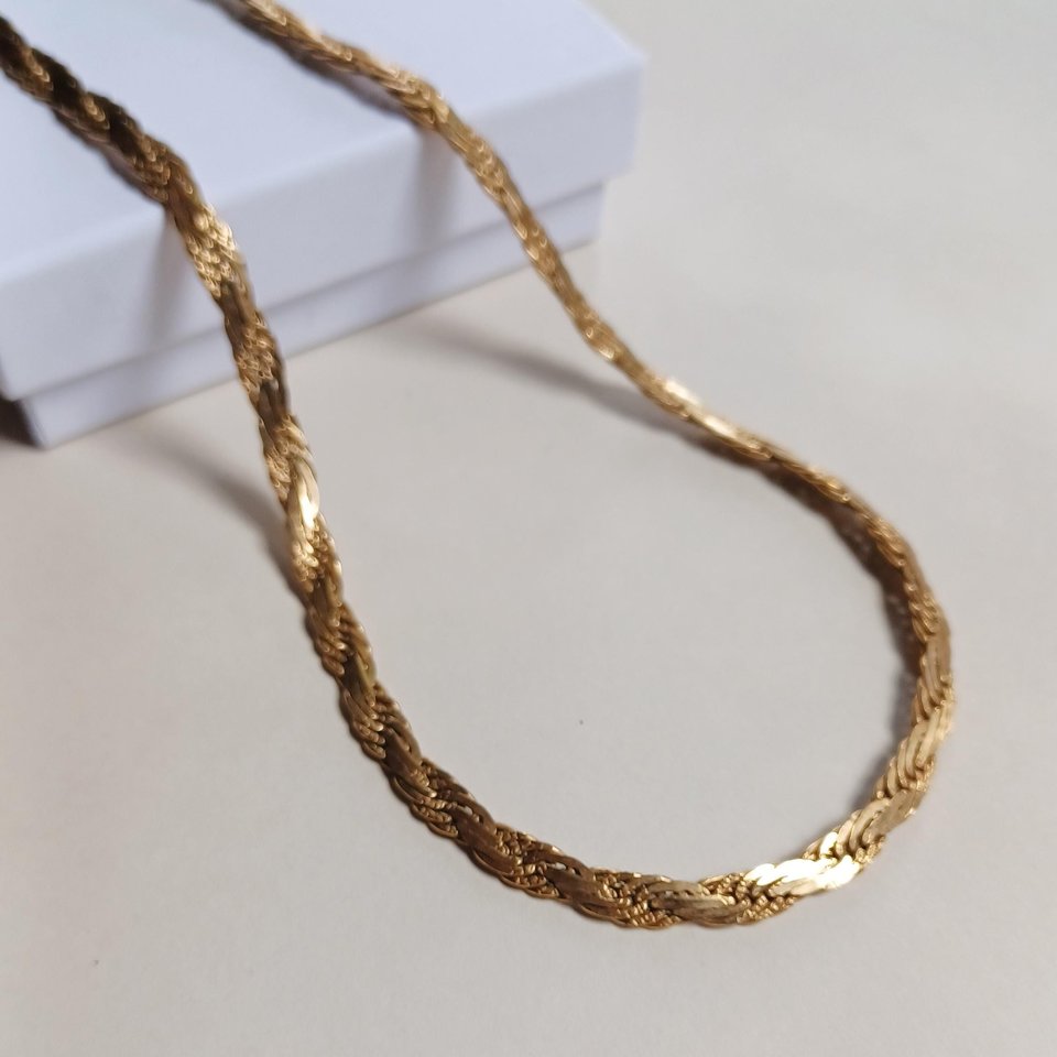 Vintage Shiny Gold Tone Flat Rope 6mm Chain Necklace, Mid Century, Vintage Jewelry, Work Necklace