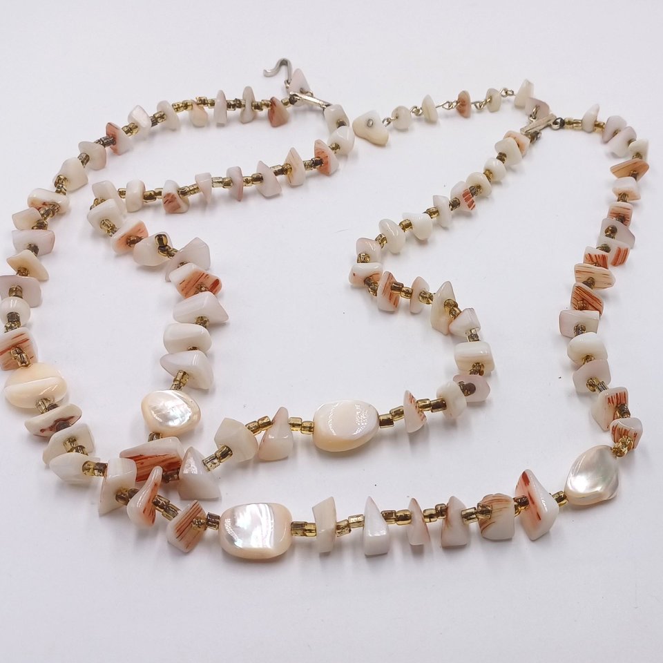 Vintage Multi-strand Mother Of Pearl  and Shell Beaded Necklace and Clip-on Earrings Jewelry Set