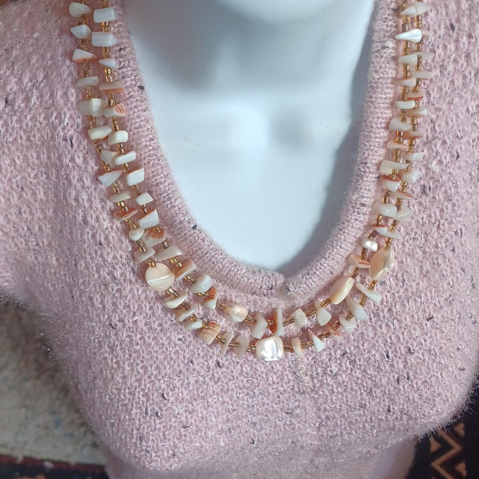 Vintage Multi-strand Mother Of Pearl  and Shell Beaded Necklace and Clip-on Earrings Jewelry Set