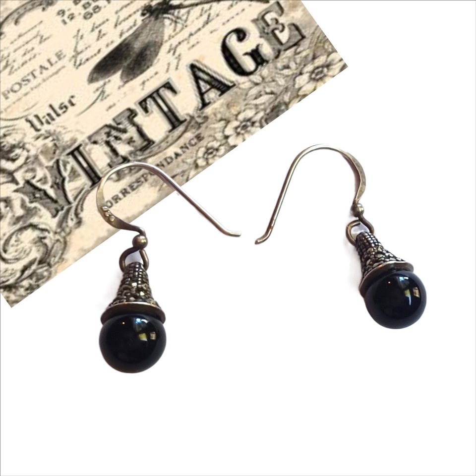Art Deco Sterling Silver, Black Onyx and Marcasite Dangle Drop Pierced Earrings