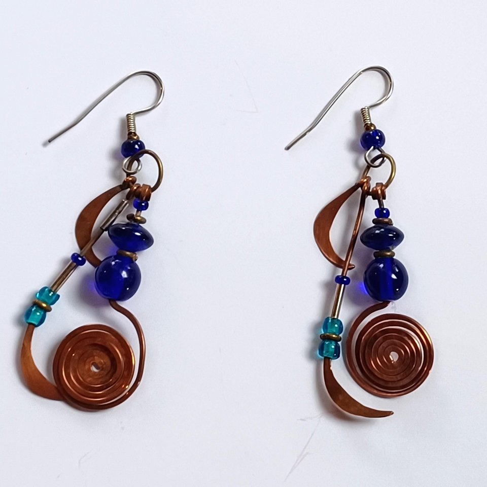Stunning Artisan Copper and Cobalt Blue Glass Geometric Dangle and Drop Pierced Earrings