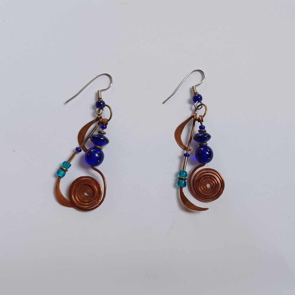 Stunning Artisan Copper and Cobalt Blue Glass Geometric Dangle and Drop Pierced Earrings