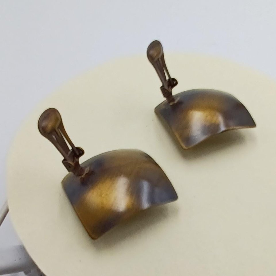 Striking Large Vintage Bronze Tone Large Rhinestone Clip On Earrings, Mid Century, Estate Jewelry, High End