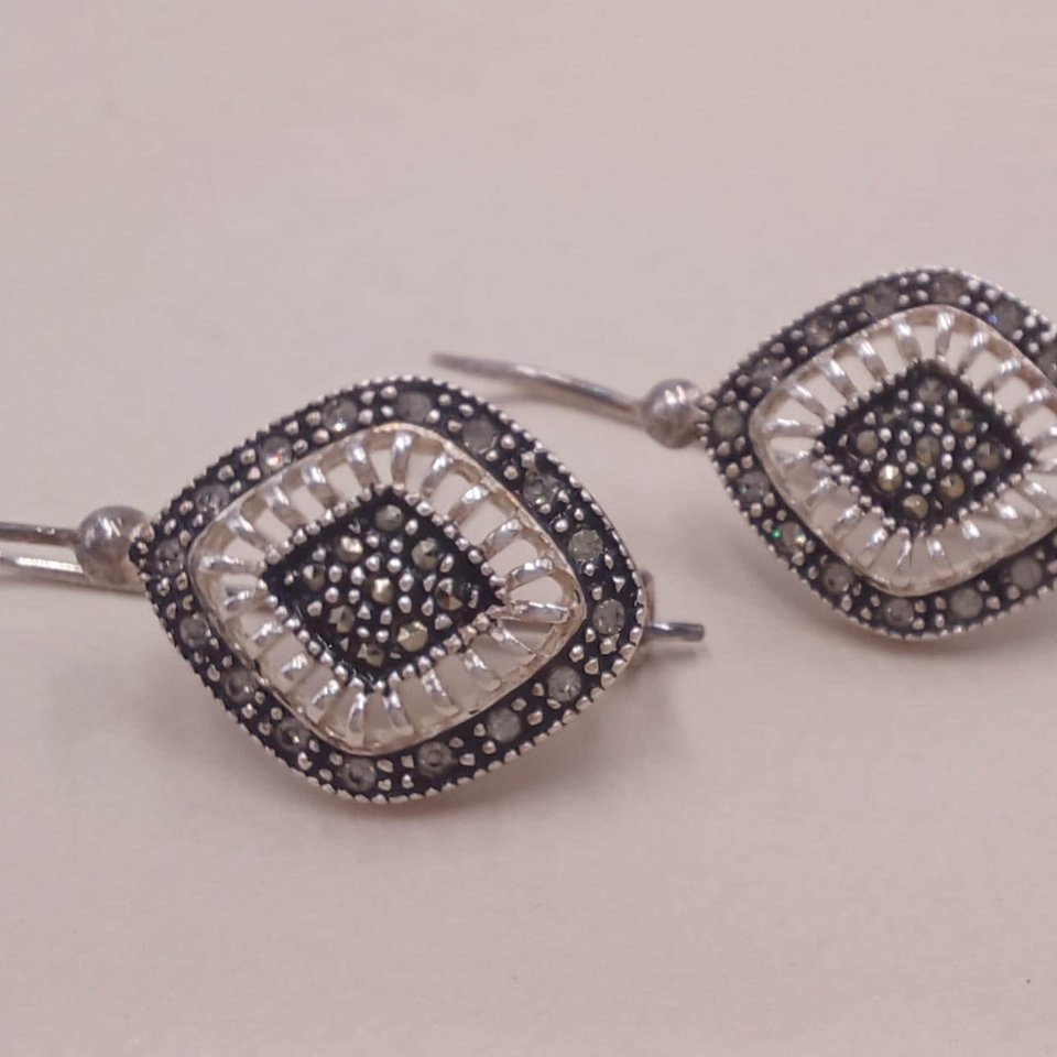 Nevada Silver Mine Sterling Silver and Marcasite Diamond Shape Open Work Ladies Pierced Dangle Earrings
