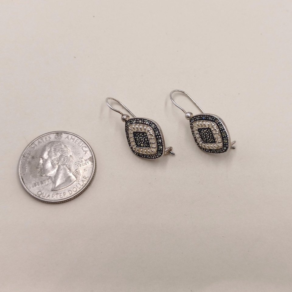Nevada Silver Mine Sterling Silver and Marcasite Diamond Shape Open Work Ladies Pierced Dangle Earrings