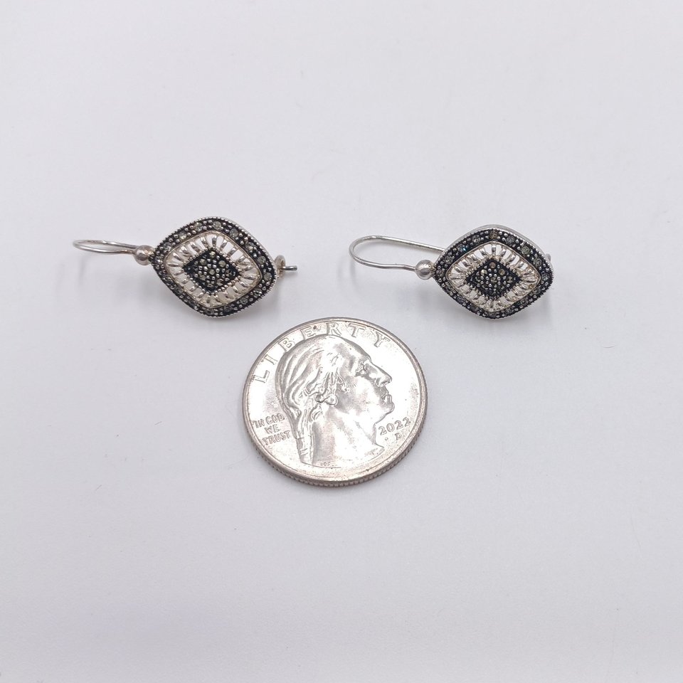 Nevada Silver Mine Sterling Silver and Marcasite Diamond Shape Open Work Ladies Pierced Dangle Earrings
