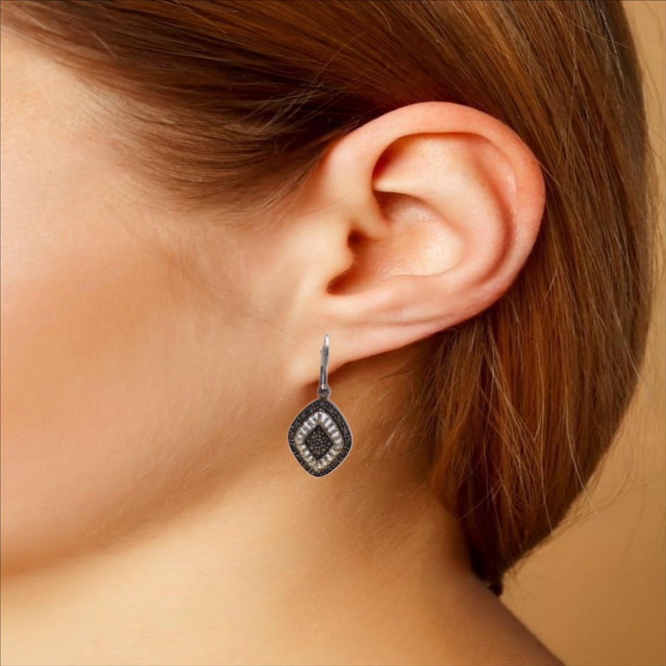 Nevada Silver Mine Sterling Silver and Marcasite Diamond Shape Open Work Ladies Pierced Dangle Earrings