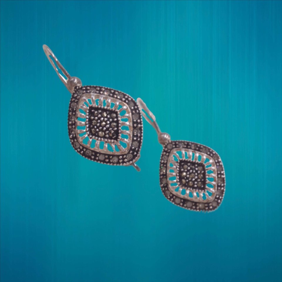 Nevada Silver Mine Sterling Silver and Marcasite Diamond Shape Open Work Ladies Pierced Dangle Earrings