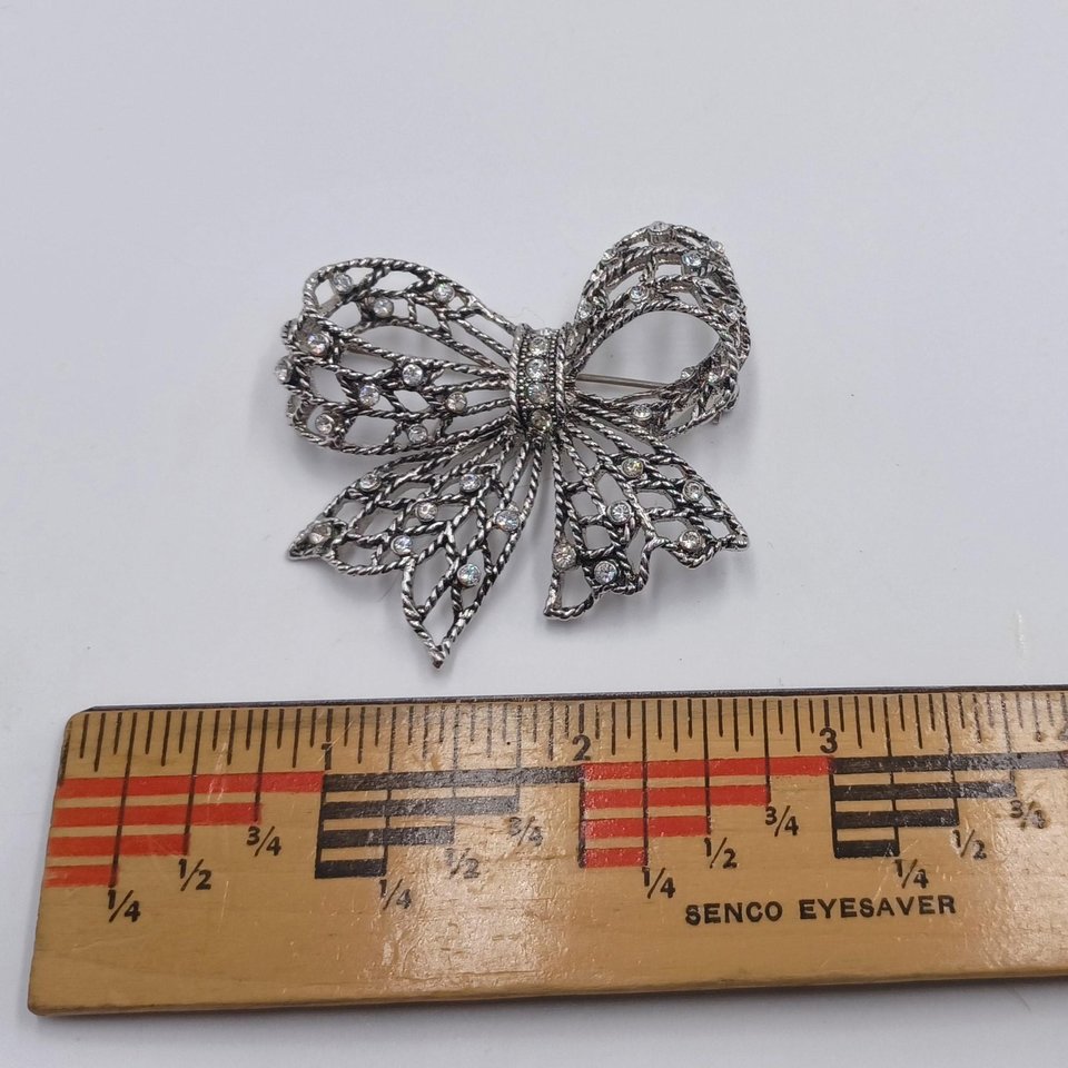 Vintage Liz Claiborne Silver Tone and Rhinestones Openwork Bow Brooch, 1980's Brooch