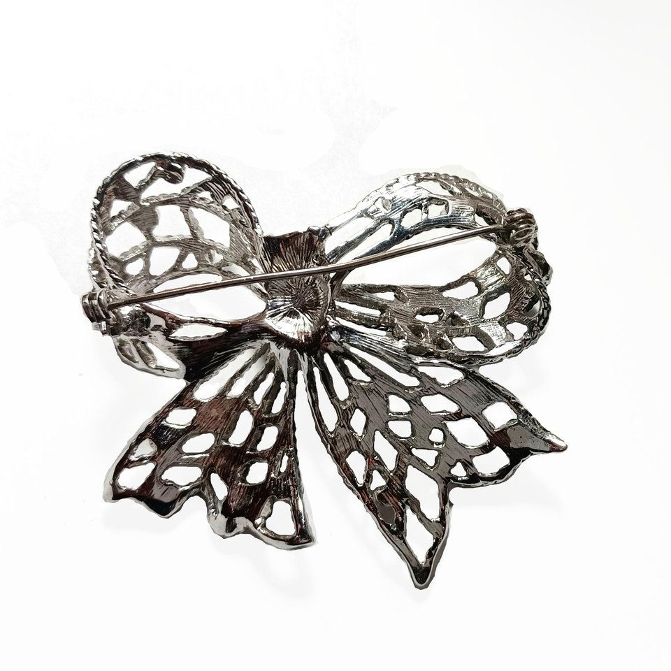 Vintage Liz Claiborne Silver Tone and Rhinestones Openwork Bow Brooch, 1980's Brooch
