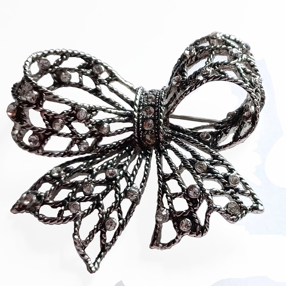 Vintage Liz Claiborne Silver Tone and Rhinestones Openwork Bow Brooch, 1980's Brooch