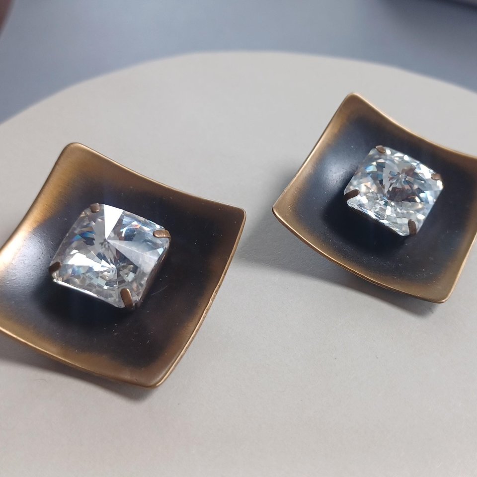 Striking Large Vintage Bronze Tone Large Rhinestone Clip On Earrings, Mid Century, Estate Jewelry, High End
