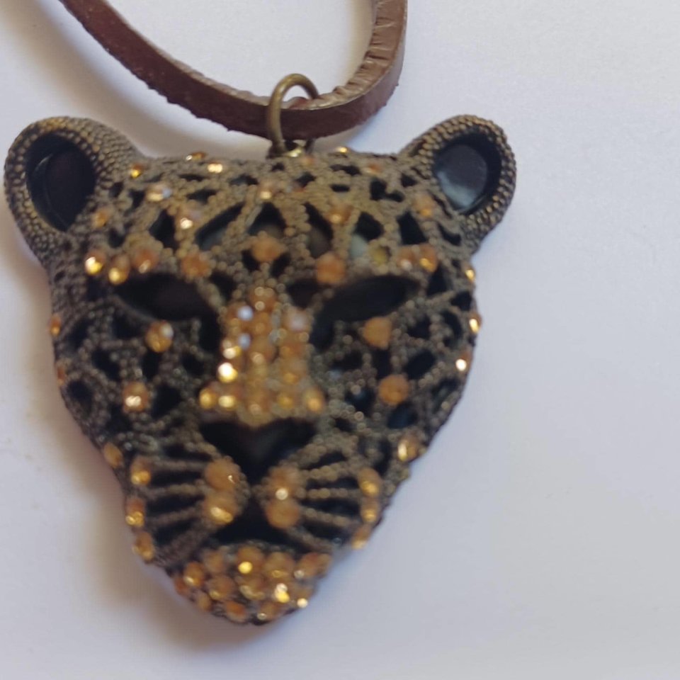 Vintage Large Leopard Face Rhinestones Pendant on a Leather Cord Necklace