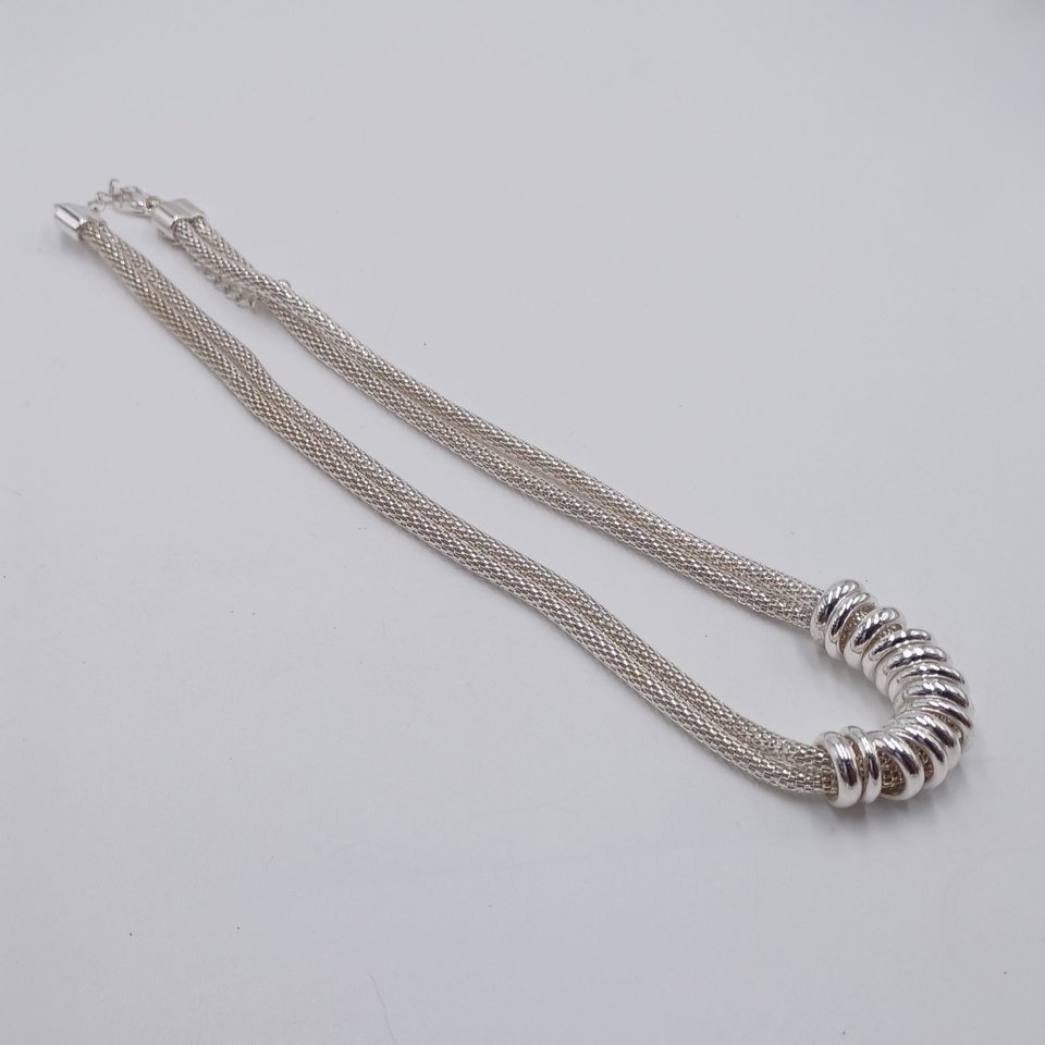 Vintage  Multiple Silver Tone Mesh Chain With Shiny Silver Rings Statement Necklace
