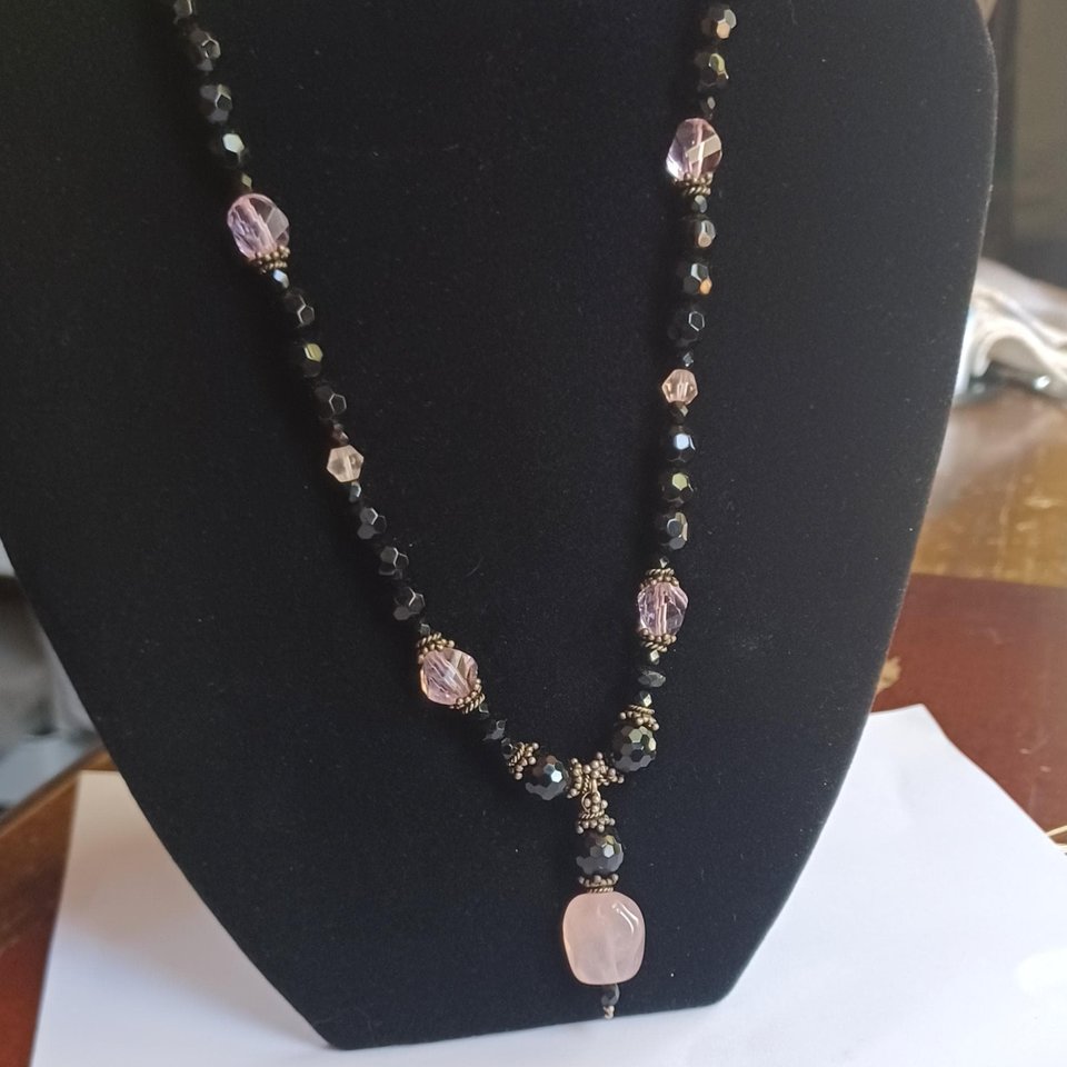 Black Glass Beads, Rose Quartz and Pink Crystal Bicones Beaded Necklace
