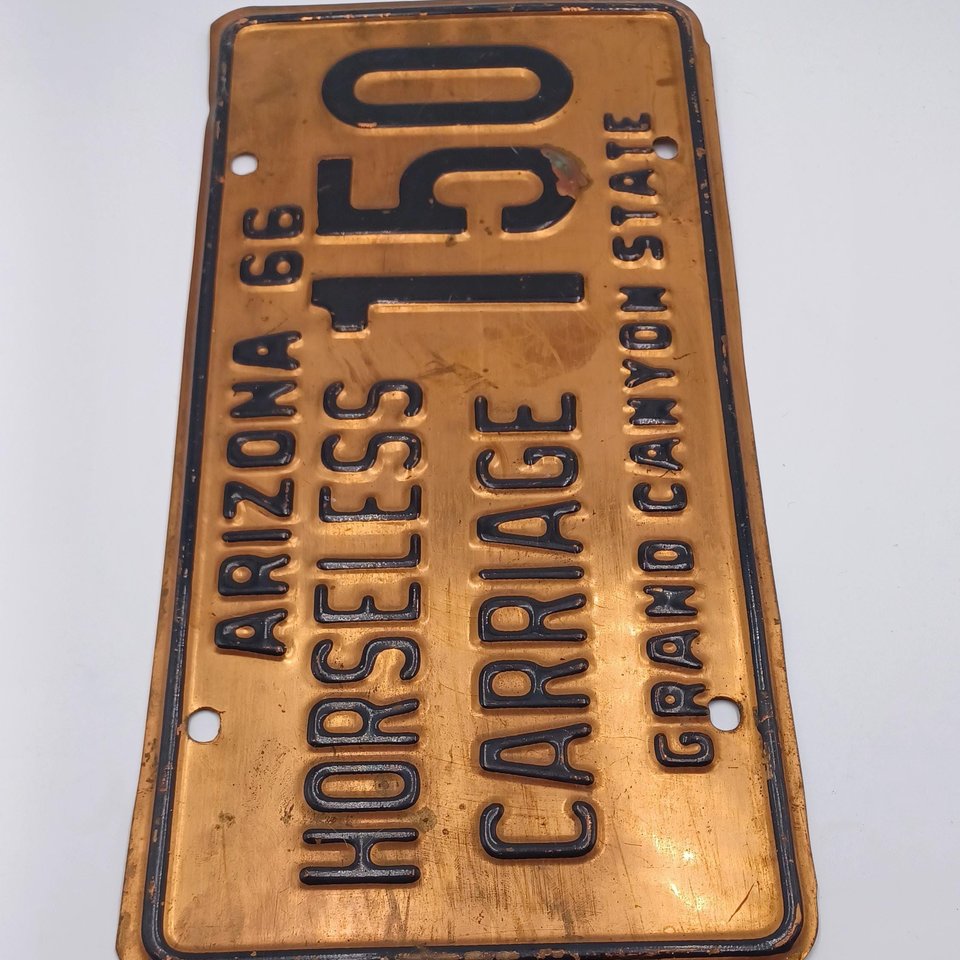 Vintage 1966 Arizona Copper Horseless Carriage Licence Plate, Man Cave, Gift for Him, Garage Decor